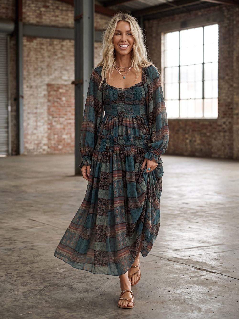 NWT Promesa Patchwork Boho Balloon Sleeve Maxi Dress